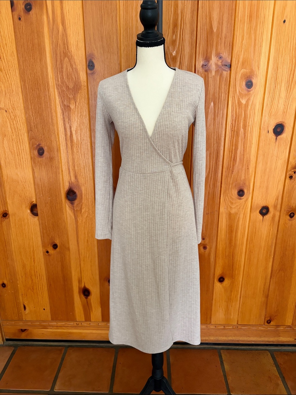 Old Navy Ribbed Wrap Midi Dress Beige Size Small